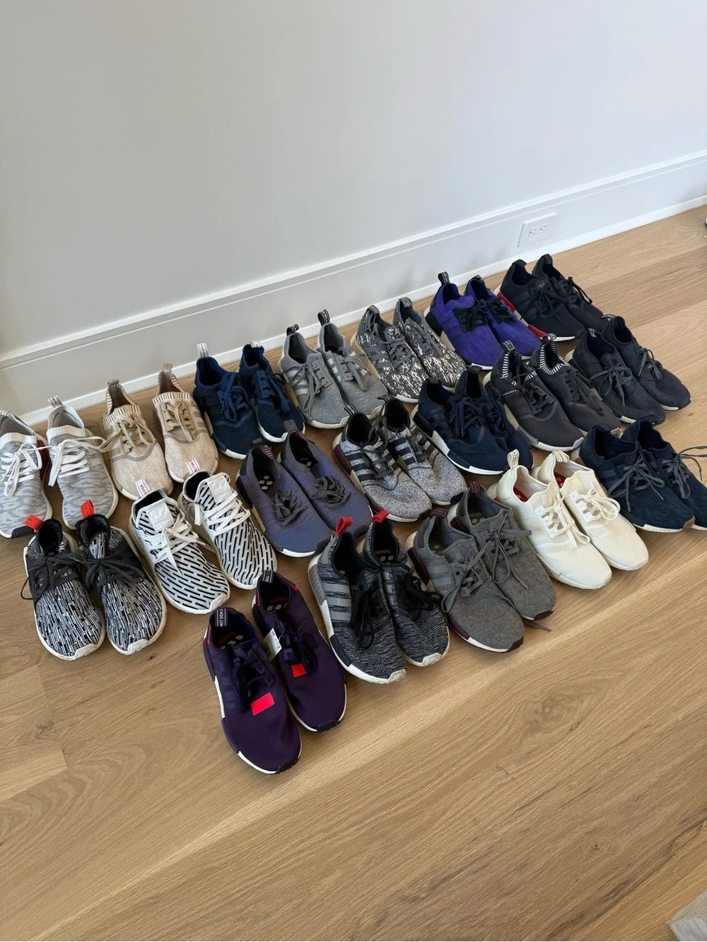 Adidas Men’s NMD Shoes 19 Pairs in Black, Navy, Gray, Purple, Cream, Tan